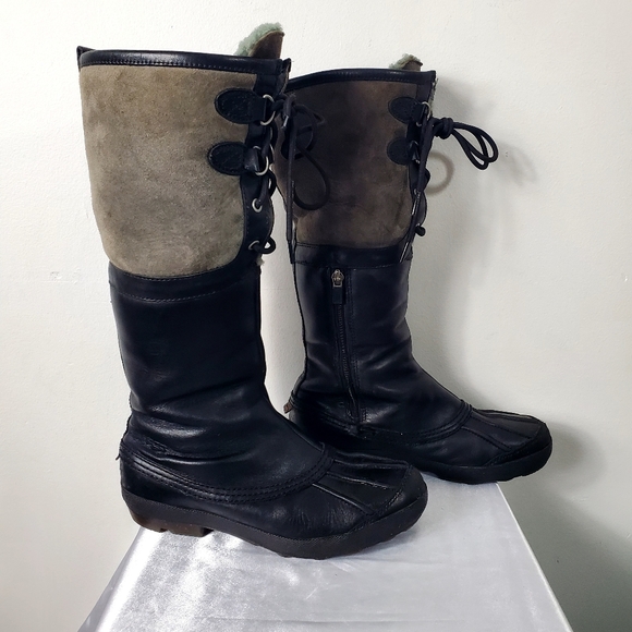 UGG Black Belcloud Waterproof Leather Lace Up Plush Lined Boots Size 8 - Picture 3 of 15